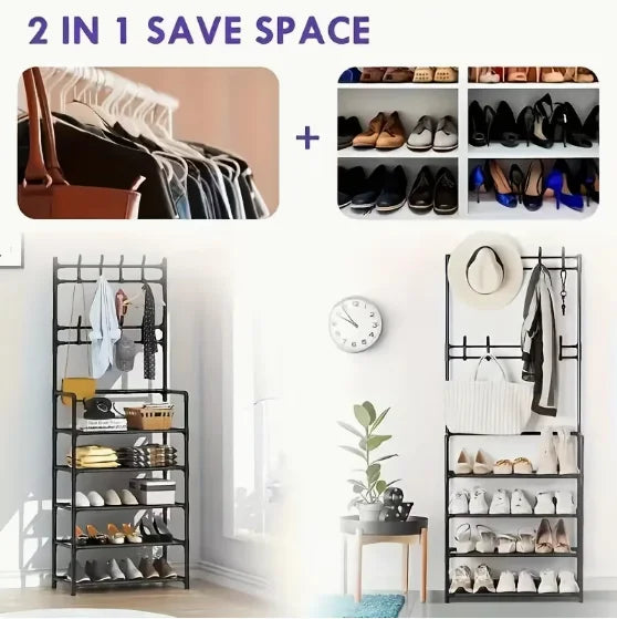 Multifunctional Storage Rack 5-Tier Freestanding Coat & Shoe Rack Entryway Shelf - Heavy-Duty Double Row Shoe Organizer
