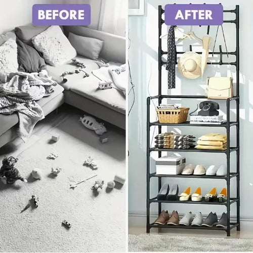 Multifunctional Storage Rack 5-Tier Freestanding Coat & Shoe Rack Entryway Shelf - Heavy-Duty Double Row Shoe Organizer