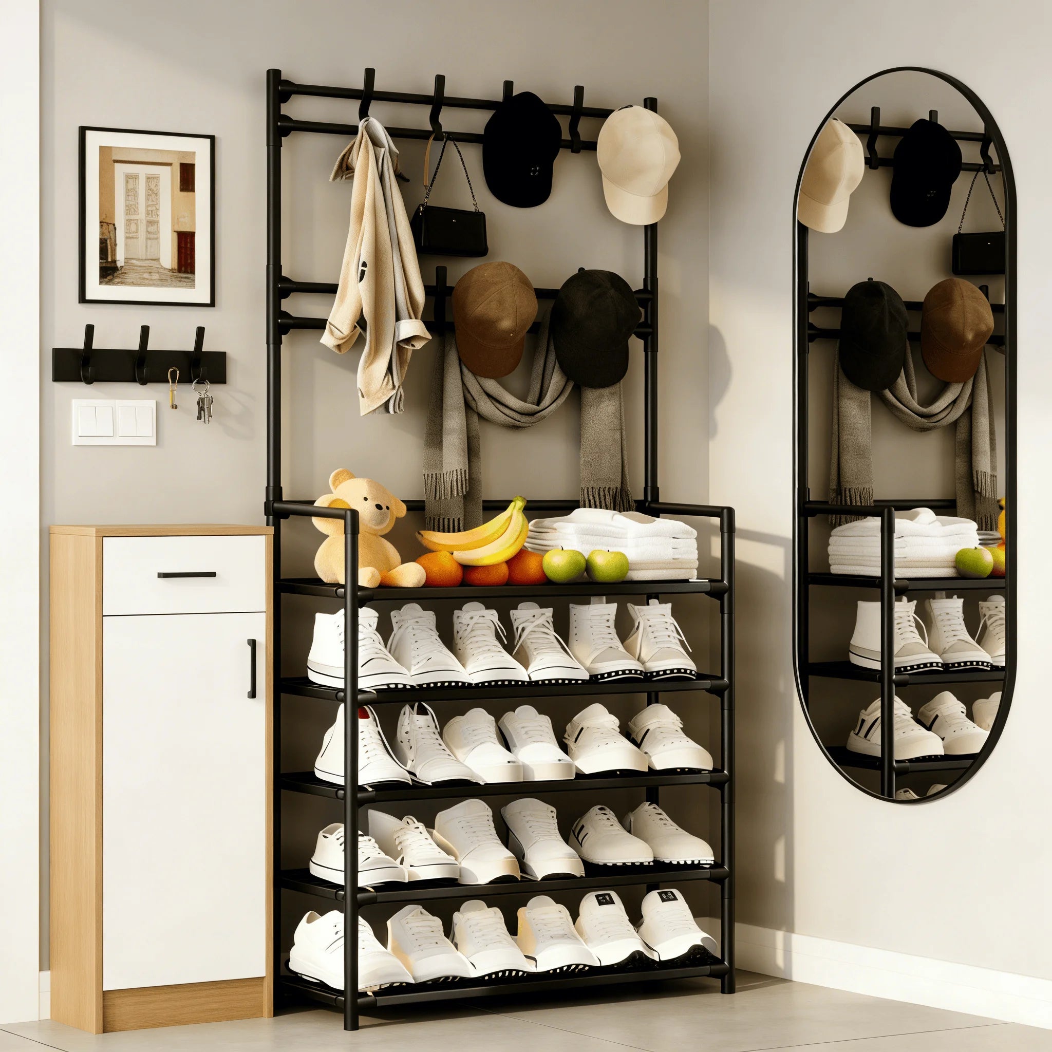 Multifunctional Storage Rack 5-Tier Freestanding Coat & Shoe Rack Entryway Shelf - Heavy-Duty Double Row Shoe Organizer