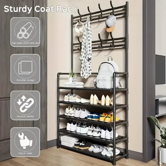 Multifunctional Storage Rack 5-Tier Freestanding Coat & Shoe Rack Entryway Shelf - Heavy-Duty Double Row Shoe Organizer